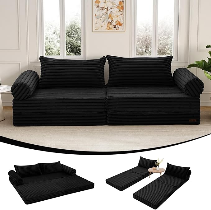 MeMoreCool Convertible Sofa Bed, Folding Floor Couch Bed Queen, Pull Out Sleeper Couch with Pillows, Fold Out Futon Sofa for Bedroom Living Room Small Space, Corduroy Black