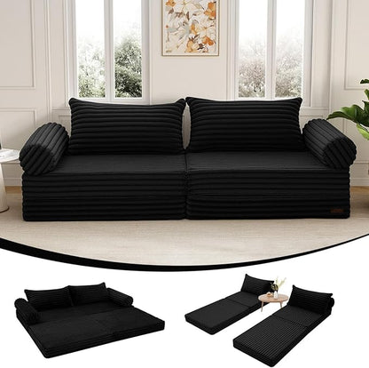 MeMoreCool Convertible Sofa Bed, Folding Floor Couch Bed Queen, Pull Out Sleeper Couch with Pillows, Fold Out Futon Sofa for Bedroom Living Room Small Space, Corduroy Black