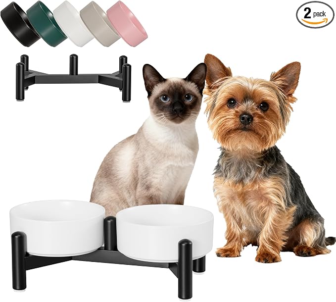 Raised Ceramic Dog Bowl Set with Stand, 1.6 Cups Elevated Dog Food Stand | 5.1'' Double Dog Food and Water Bowl Set, Non-Slip Dog Feeding Dishes for Small Breeds and Cats, 10.8 OZ, White