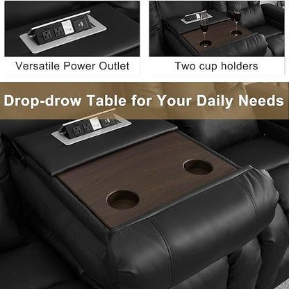 URRED Loveseat Recliner Sofa with Massage and Heat, Power Reclining Loveseat Sofa RV Couch with Console and Middle Seat, 3-Seater Home Theater Seating with LED Lights, Faux Leather, Black