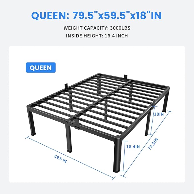MAF 18 Inch Queen Bed Frames with Round Corner Legs Mattress Slide Stopper No Box Spring Needed Heavy Duty Metal Platform Bed Frame Under-Bed Storage Space, 3000 LBS Steel Slats Support