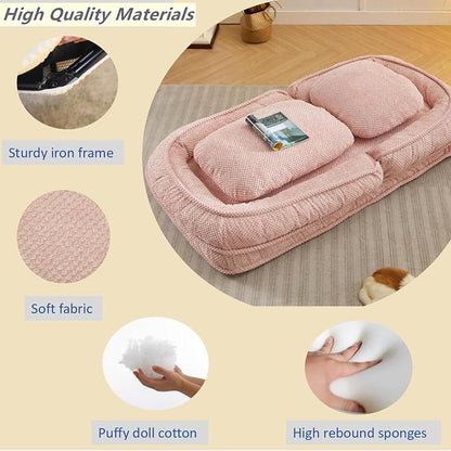 Foldable Lazy Sofa Bed with 5 Levels Adjustable Backrest, Pink | Comfy Upholstered Human Dog Bed for Adults and Pets, Lazy Floor Lounger with 2 Soft Cushions for Living Room Bedroom
