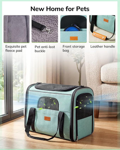 Morpilot Pet Carrier for Large Cats, Puppies & Small Dogs Up to 20lbs | Escape-Proof with Locking Zippers, Dual-Sided Cushion, Safety Buckle for Car & Vet Travel, Includes Foldable Bowl (Green)