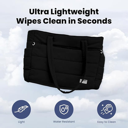 Puffer Dog Travel Bag for Dog Moms, Diaper Bag with Travel Bowls | 2 BPA-Free Collapsible Bowls, 2 Pet Food Containers, 9 Pockets, Everyday Puffer Bag Works With or Without Your Dog, Black