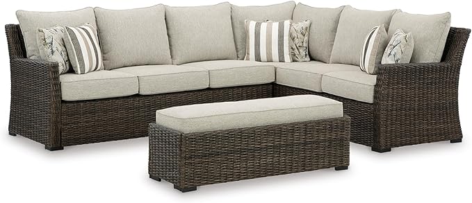 Signature Design by Ashley Brook Ranch Casual Nuvella Weather Resistant Fabric Right Hand Facing Outdoor Sofa Sectional/Bench with Cushion and 6 Throw Pillows, Set of 3, Beige & Dark Brown