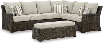 Signature Design by Ashley Brook Ranch Casual Nuvella Weather Resistant Fabric Right Hand Facing Outdoor Sofa Sectional/Bench with Cushion and 6 Throw Pillows, Set of 3, Beige & Dark Brown