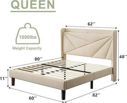 Feonase Queen Size Bed Frame with Charging Station, Linen Upholstered Platform Bed Frame with Wingback Storage Headboard, Solid Wood Slats Support, No Box Spring Needed, Noise Free, Beige