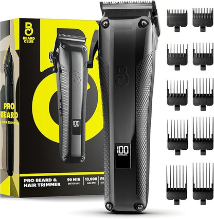 The Beard Club Pro Beard Trimmer for Men - Professional Men's Hair Trimmer for Barbers - Electric Cordless Rechargeable High Power 13,000 RPM - 10 Guides - Taper Lever - Diamond Like Carbon Blades