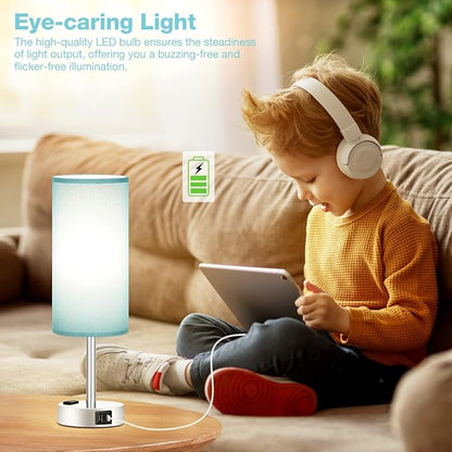 Fenmzee Turquoise Nightstand Table Lamp for Bedroom - 3 Way Dimmable Touch Lamp USB A and C Charging Ports and AC Outlet, Small Lamp for Office Desk with Metal Base, LED Bulb Included