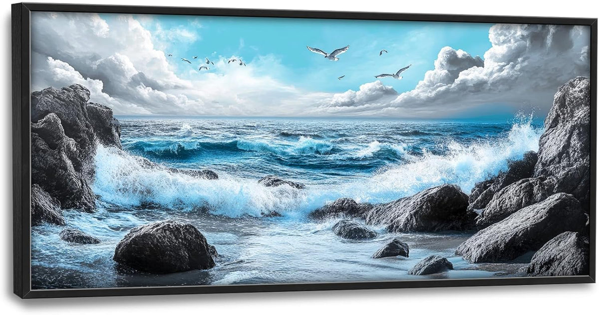 Extra Large Framed Abstract Sea Ocean Wall Art,Black and White Wall Decor, Coastal Seashore Pictures for Living Room,Canvas Print Painting Modern Artwork Bedroom Office Bathroom 60L x 30W