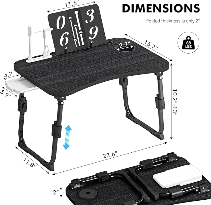 Lap Desk for Bed Adjustable Height, Foldable Bed Table with Storage Drawer, Tablet Slot & Cup Holder, Portable Laptop Stand for Bed & Sofa, Bed Desk for Adults & Kids, Black