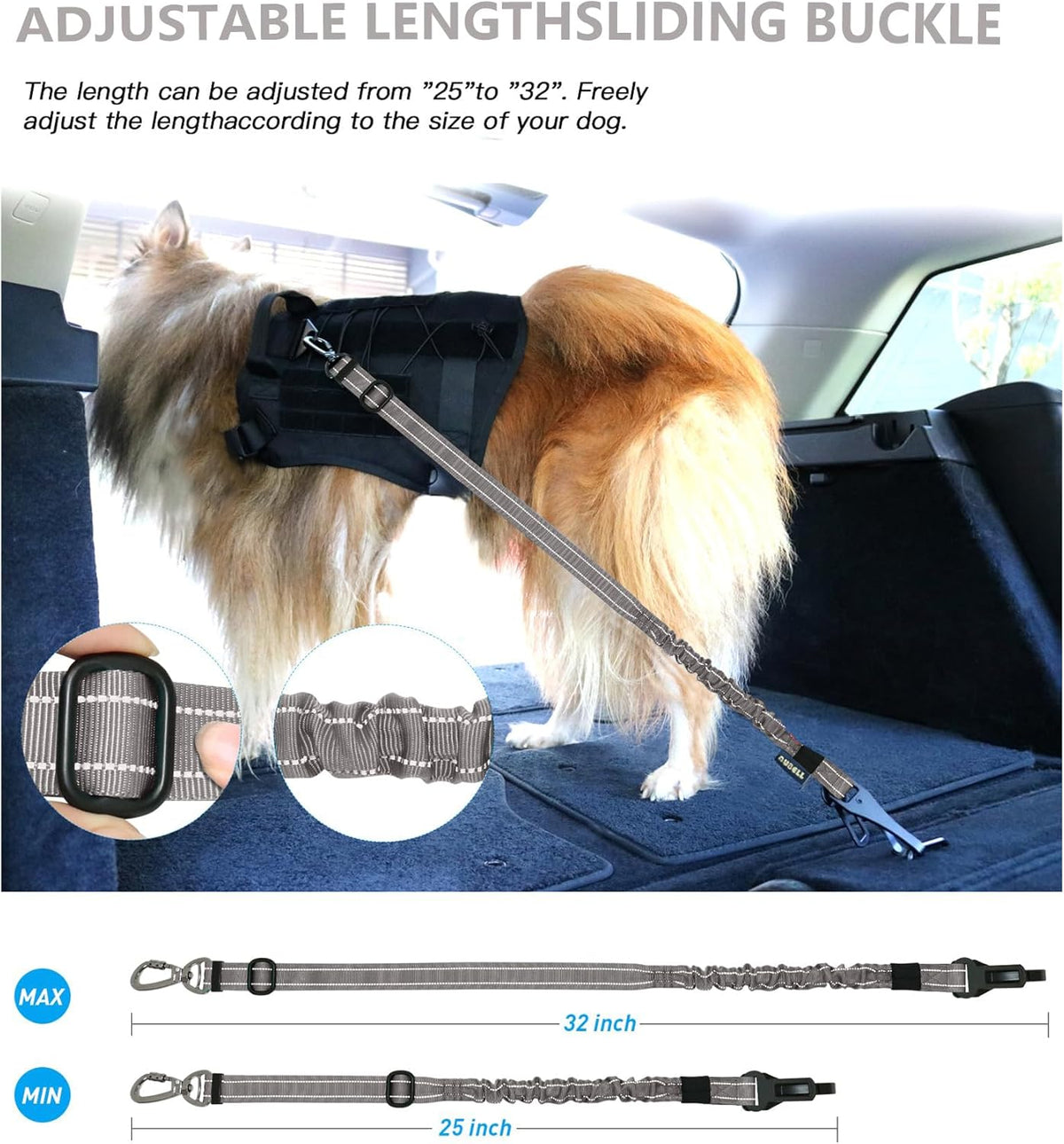 AUBELL Dog Seat Belt for Car,2 Pack Set 3-in-1 Adjustable Reflective Bungee Heavy Duty Dog Car Harness Tether with Clip Hook Latch & Buckle,Swivel Zinc Alloy Carabiner,Black+Grey