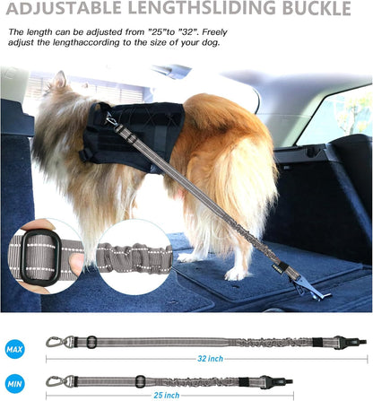 AUBELL Dog Seat Belt for Car,2 Pack Set 3-in-1 Adjustable Reflective Bungee Heavy Duty Dog Car Harness Tether with Clip Hook Latch & Buckle,Swivel Zinc Alloy Carabiner,Black+Grey