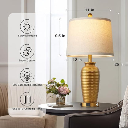 25" Retro Gold Farmhouse Jar Table Lamps Set of 2, 3 Way Touch Control Rustic Bedside Lamps with USB A+C Ports & AC Outlet, Pot Nightstand Lamps for Bedroom Living Room (LED Bulbs Included)