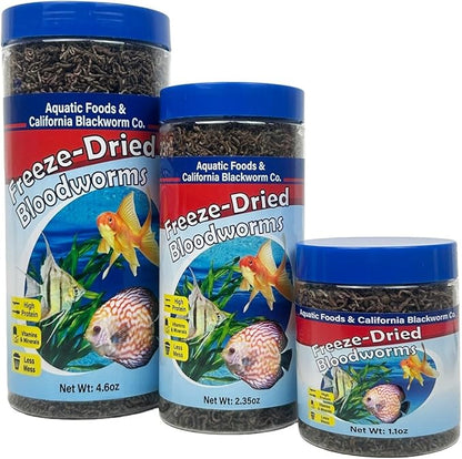 Aquatic Foods Inc. Bloodworms, Grade A Freeze Dried Floating Bloodworms for Cichlids, Discus, Goldfish, Bettas, Angel Fish, Marine Fish, 12-Type Pellet Mix & 4-Type Wafer Mix Included..4.6oz Canister