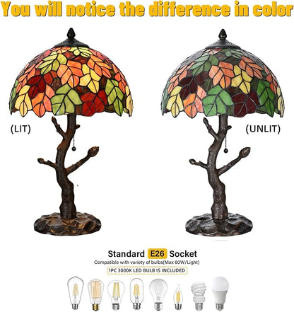 TL0021 Maple Leaves Tiffany Table Lamp Stained Glass Shade Reading Desk Light 12 X 20 Inches for Bedroom Living Room, Handcrafted Art Deco for Home Office, LED Bulb Included (Maple Leaves)