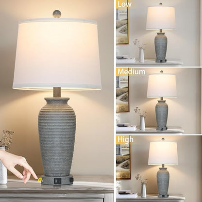 25" Grey Farmhouse Jar Table Lamps, 3 Way Touch Control Rustic Bedside Lamps with USB A+C Ports & AC Outlet, Pot Nightstand Lamps for Bedroom End Table (LED Bulbs Included)