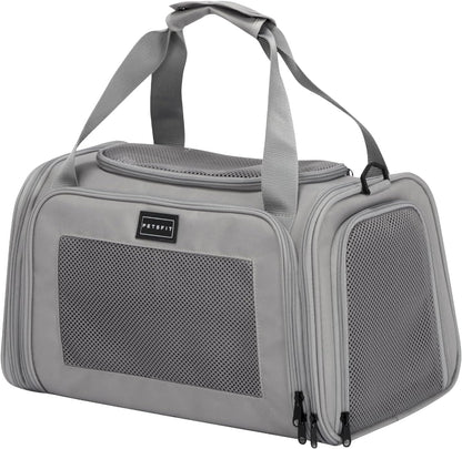 PETSFIT Cat Carrier Airline Approved, Soft Carrier for Small and Medium Cats Under 12 Lbs, Soft Cat Travel Bag, Kitten Carrier with Extendable Mat, Grey