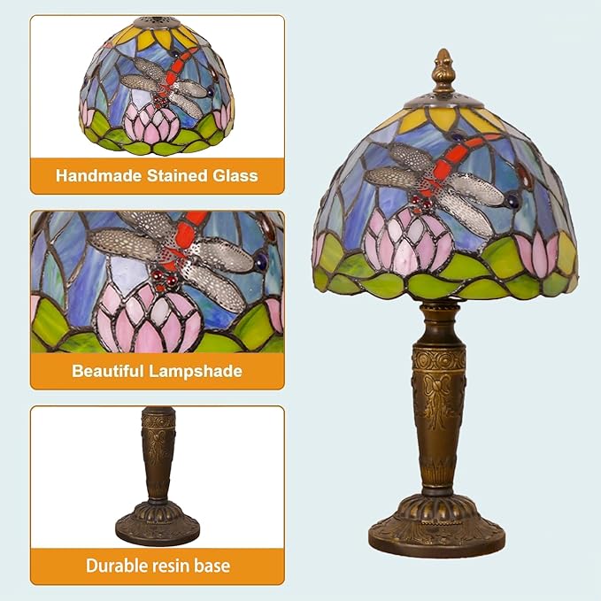 Tiffany Lamp Stained Glass Table Lamp 7.9X7.9X14.2 Inches Dragonfly and Lotus Style Desk Reading Light