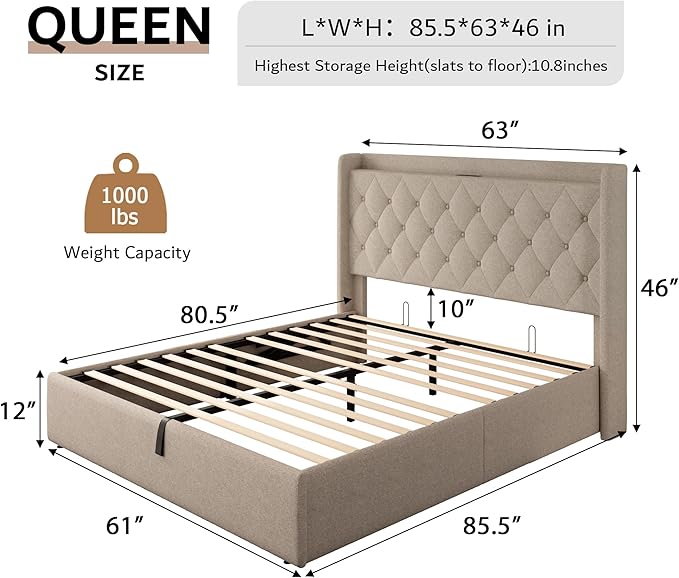 iPormis Queen Size Lift Up Storage Bed Frame with Charging Station, Upholstered Platform Bed Frame with Tufted Headboard, Hydraulic Storage, No Box Spring Needed, Noise-Free, Easy Assembly, Beige