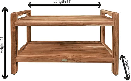 EcoDecors Eleganto 34 Inch Natural Color Waterproof Teak Wood Shower Bench Stool Seat Chair For Inside Shower Provides Safety, Storage, and Organization For Bathroom Accessories