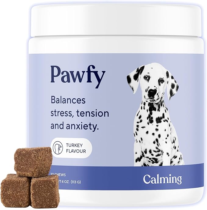 Pawfy Calming Chews for Dogs | Natural Dog Calming Chews - Supports Relaxation and Calm Behavior | Helps with Thunder, Separation, Chewing & Barking | Soothing Aid for Fireworks - 30 Turkey Treats