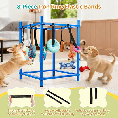 Wooden Puppy Play Gym for Small Dog with 8 Hanging Toys, Blue Frame | Wood Puppy Jungle Gym Indoor & Dog Enrichment Toys for Puppies 0-6 Months