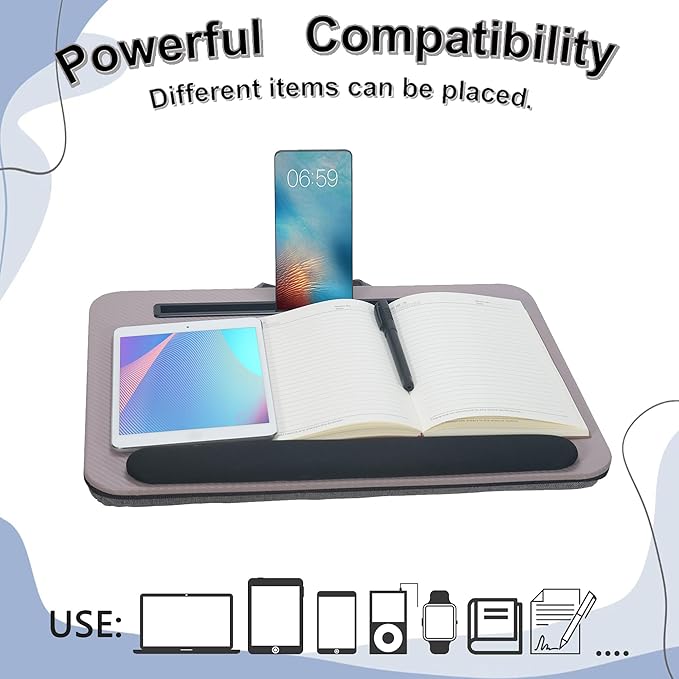 Portable Laptop Desk Fits Up to 16“ Laptops, with Tablet Slot, Built-in Cushion, Great for Home & Office,Lap Desk for Laptop,Lap Desk with Cushion (Grey Violet with Wrist Rest, Medium)