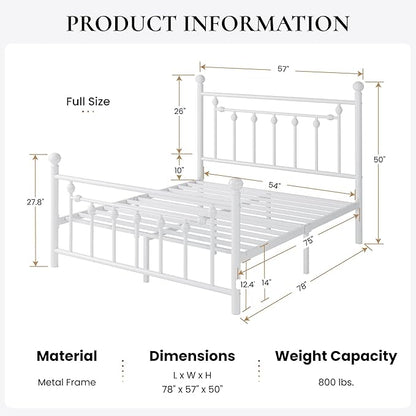 SHA CERLIN 14'' Full Size Metal Platform Bed Frame/Victorian Headboard and Footboard/Steel Slats Mattress Foundation for Storage/No Box Spring Needed/Noise Free/White