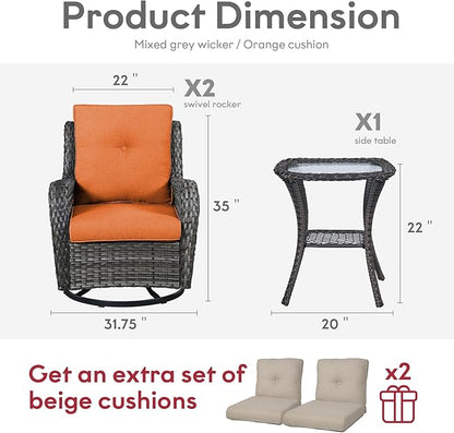 Belord Outdoor Swivel Rocker Wicker Chairs Set of 3, High Back Swivel Patio Chairs Wicker Furniture Set, 2 PCS Rattan Swivel Rocking Chair with Side Table, Orange Cushion