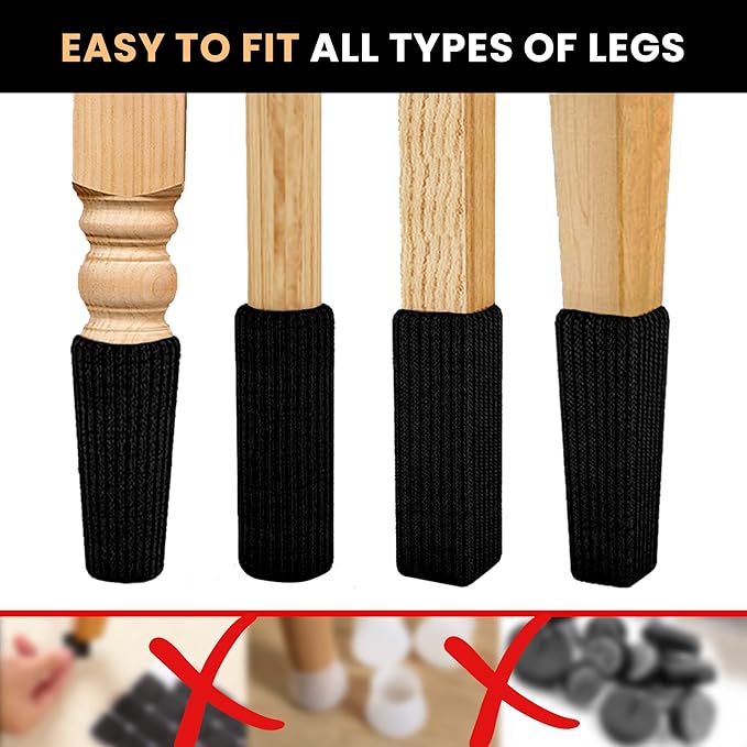 32 Pcs Black Premium Chair Leg Socks Protectors for Hardwood Floors - Do not Easily Fall Off - Very Easy to Put on - Fits All Leg Shapes - High Elastic Bar Stool Leg Covers - Furniture Pads