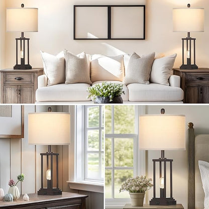 27" Tall Farmhouse Table Lamps Set of 2, Brown Industrial End Table Lamp for Living Room with Night Light, Rustic Bedside Lamps with USB C+A Ports & AC Outlet, Vintage Bedroom Lamp for Nightstand