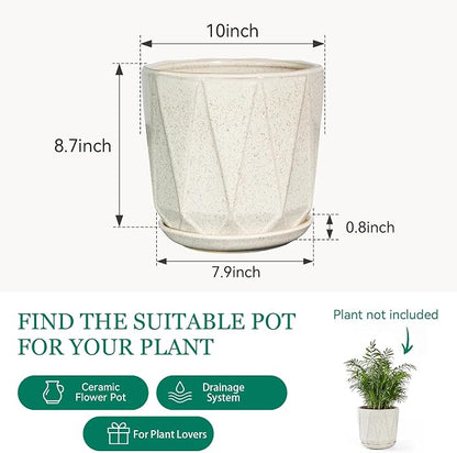 10 Inch Ceramic Plant Pot with Drainage Hole Mesh Net, Large Flower Pots for Indoor Plants with Saucer, Gardening Pots Outdoor (Silk White)