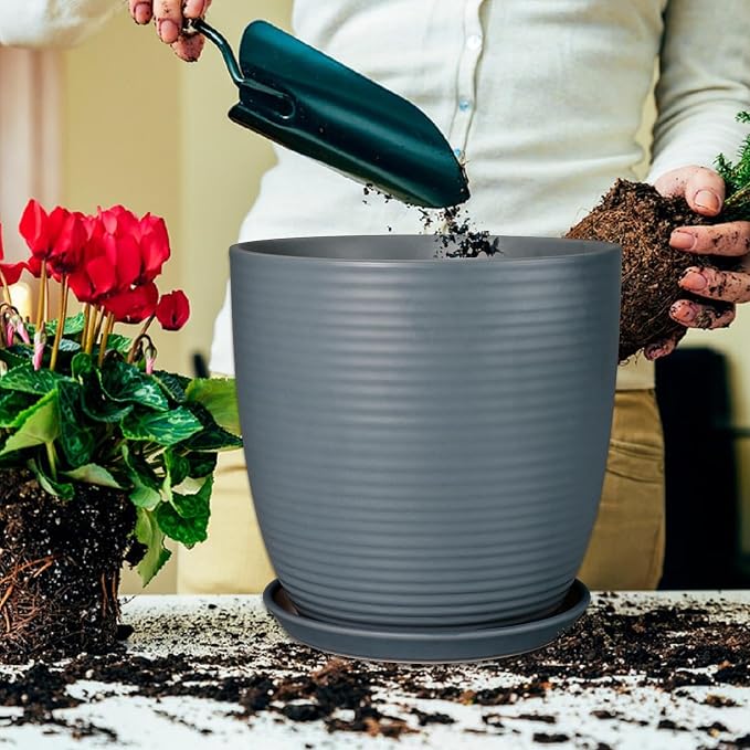 12 Inch Pots for Plants Ceramic Planter Pot Large Flower Pot with Drainage Hole and Saucer for Home Patio Garden Office Indoor Outdoor Gray