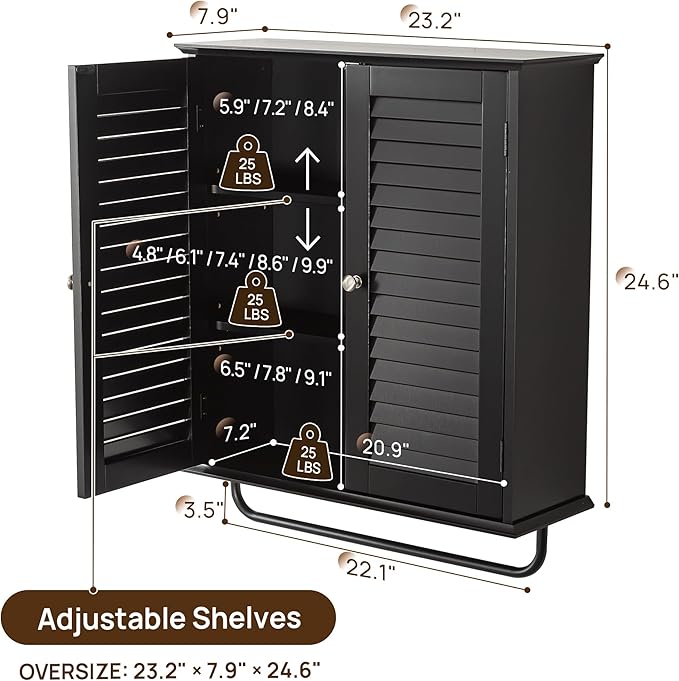 Bathroom Storage Cabinet with Adjustable Wood Shelves & Doors, Made of PDF Wood