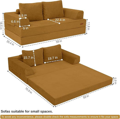 COMAX Convertible Sofa Bed, Folding Floor Couch Corduroy Fold Out Couch Bed Futon Sleeper Mattress with Pillows, Boneless Sofa Comfy Lounge Loveseat for Living Room Bedroom, Yellow