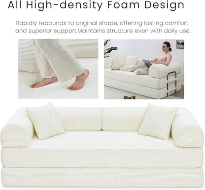 Compression Sofa - 79'' Convertible Sofa Bed, Boneless Couch in a Box, Modular Corduroy Foldable Sleeper Sofa with 2 Pillows, Loveseat Couches for Living Room (Corduroy Fabric, White)