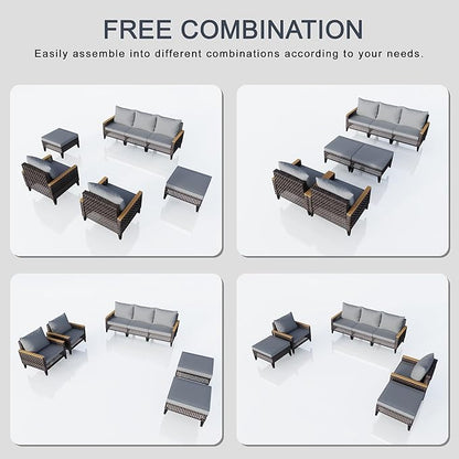 7 Pieces Patio Conversation Set, Wicker Rattan Sectional Modular Sofa Seating Set with Armchairs and Ottomans, Outdoor Furniture for Porch, Poolside, Deck, Balcony, Backyard, Yard (Gray Cushions)
