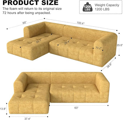 105" Modular Sectional Sofa, Boneless couch for Living Room, Cloud Sectional Couch with Deep Seat, L-Shape Sofa, Upholstered Couches for Living Room Bedroom, No Assembly Required, Yellow (Slub Fabric)