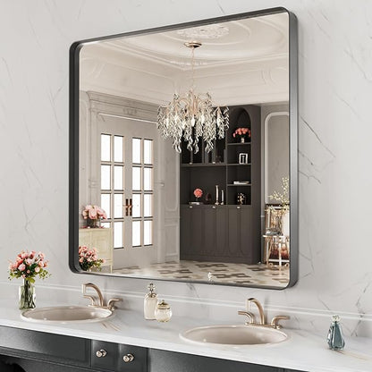 LOAAO 28X32 Inch Black Metal Framed Bathroom Mirror
