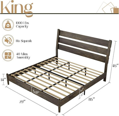 VanAcc Solid Wood King Bed Frame, Platform Bed with Reclining Slatted Headboard, Mid Century with Wood Slat Support, Dark Brown