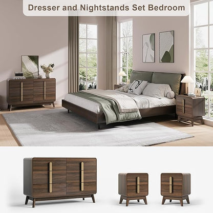 Mid Century Modern Bedroom Set, 6 Drawer Dresser and Nightstand Sets for Bedroom, Night Stand Set 2 & 6 Drawer Dresser with Gold Handles, Wood Chest of Drawers Storage Cabinet Set, Walnut