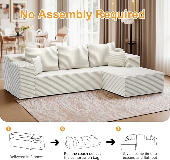 106'' Boneless Couches for Living Room, L Shaped Modular Sectional Sofa with Chaise Lounge, Faux Rabbit Fur & Layered Cushion Deep Seat Cloud Couch, No Assembly (Beige, Right Facing Chaise)