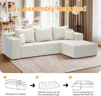 106'' Boneless Couches for Living Room, L Shaped Modular Sectional Sofa with Chaise Lounge, Faux Rabbit Fur & Layered Cushion Deep Seat Cloud Couch, No Assembly (Beige, Right Facing Chaise)