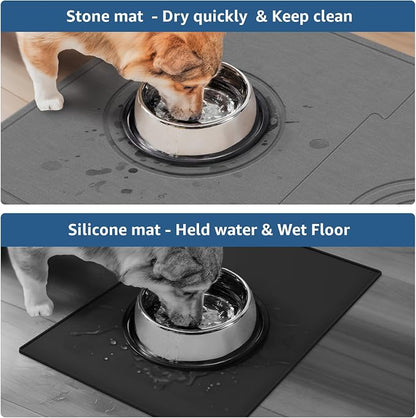 Yolife Extra Large Dog Water Bowl Mat, Fast Water Absorbing Stone Pet Feeding Mat for Messy Drinkers, Stone Drying Mat for Dogs Food and Water Bowls, Dog Cat Food Mats for Floors(31.5” x 19.7”, Grey)