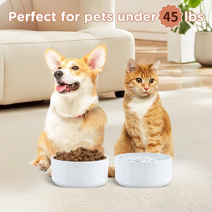 SPUNKYJUNKY Ceramic Dog and Cat Bowls 2 Pack, 6.1'' Dog and Cat Food Water Double Feeding Bowls Non-Slip for Large Sized Breed Microwave Dishwasher Safe - 28.7 OZ, 2pcs, Paw White