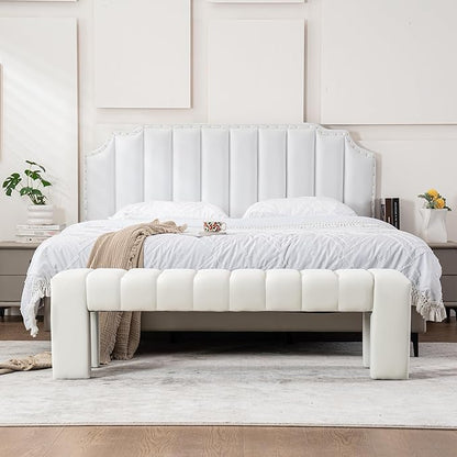 AIITTCC Velvet End of Bed Bench Upholstered Modern 59" Bedroom Bench for King Bed Bench Tufted Window Bench Comfy Long Ottoman for Living Room/Entry/Indoor (Ivory White, 59" Wide)
