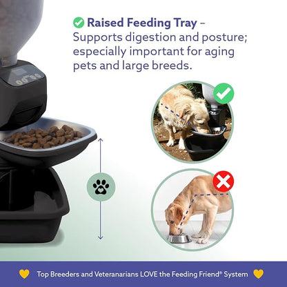 Feeding Friend® Automatic Dog & Cat Food Feeder with Water Dispenser Smart Pet Feeder with Portion Control, OLED Display, Anti Jam Design, Battery Operated Dispenser for Small XS 4-15 lbs Pets Black