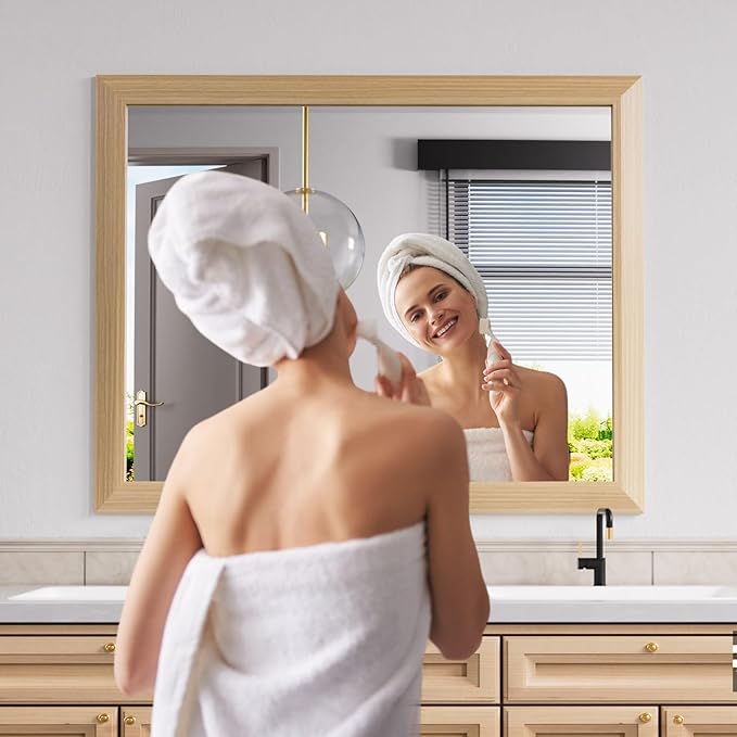 Amorho Bathroom Mirror for Wall, 40X32 Inch Oak Wood Grain Metal Framed Mirror