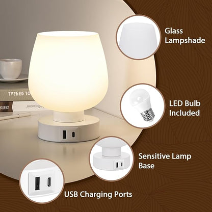 Touch Table Lamp for Nightstand Set of 2 - Bedside Lamp with USB C+A Charging Ports for Bedroom Living Room Night Stands, Desk Lamp with White Glass Shade for Small Spaces, 3 Way Dimmable